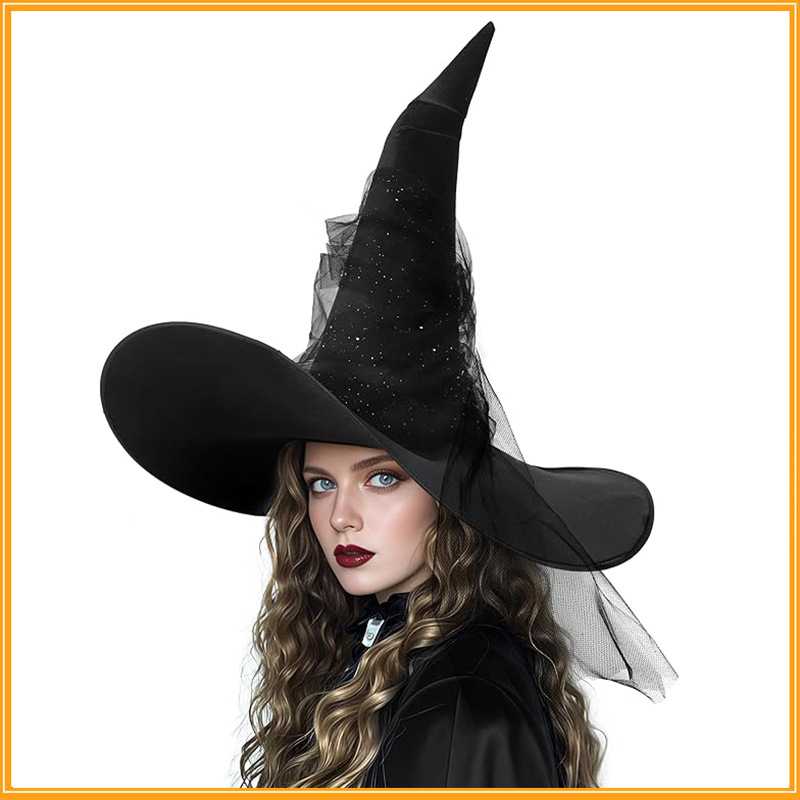 Glitter Tulle Witch Hat Wide Brim Halloween Costume Accessory